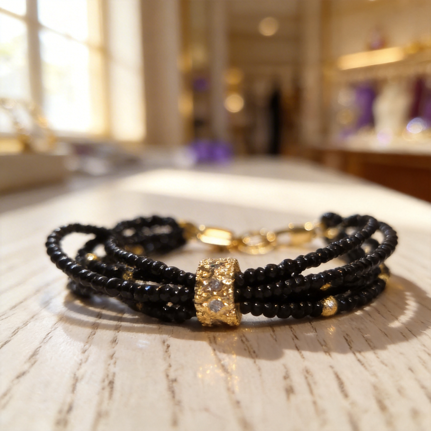 Eclipse Miyuki Set | Black Seed Bead Layered Jewelry with Gold Accents