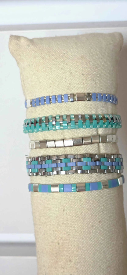 Azure Pulse Tila bracelet featuring vibrant blue beads and intricate beadwork by Gem N Glow by Natali.
