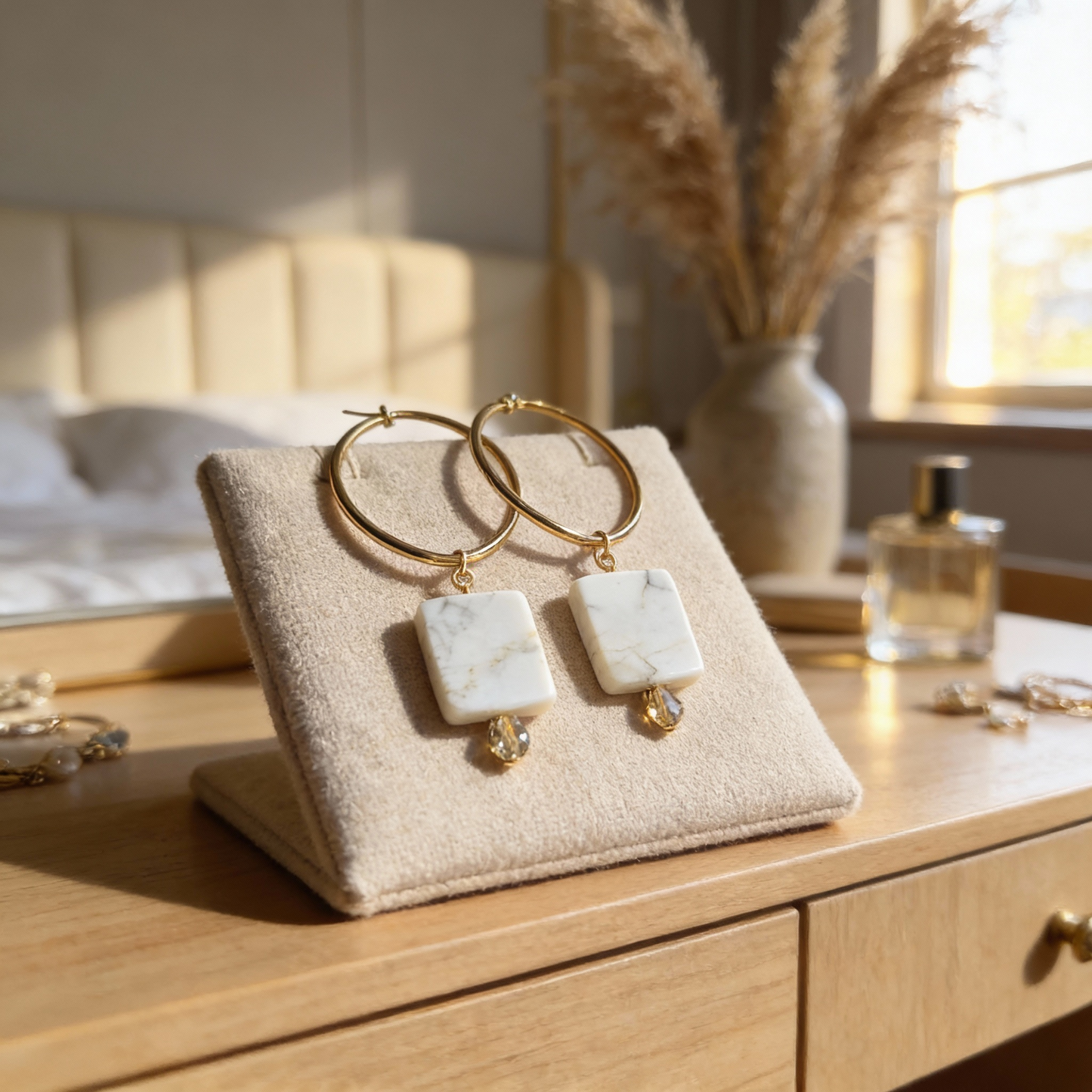 Handmade howlite hoop earrings with white rectangular stones, gold-tone hoops and clear accent drops