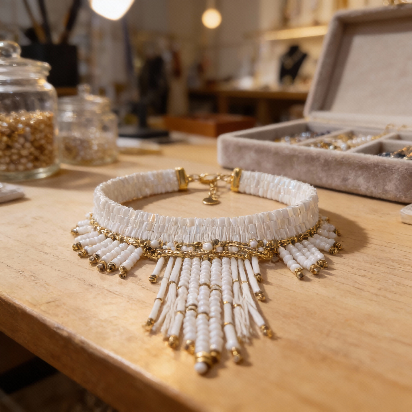 White beaded collar necklace with long cascading fringe and gold details
