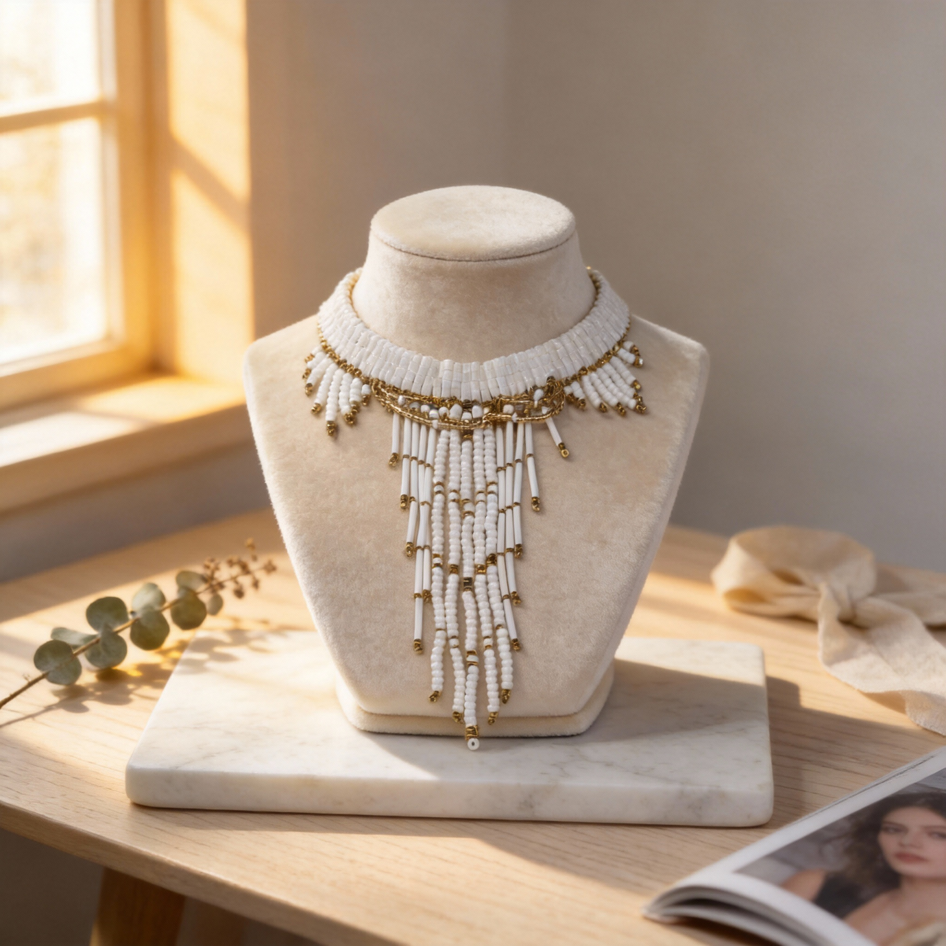 Handmade white and gold beaded statement necklace with cascading fringe detail