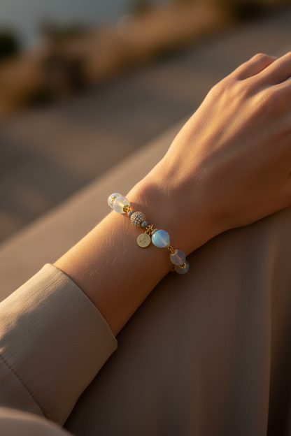 blue beads bracelet on hand