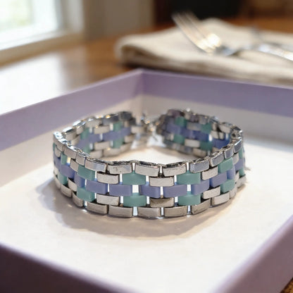 Handmade Azure Flow bracelet by Gem N Glow featuring Miyuki Tila beads in a stylish, intricate design.