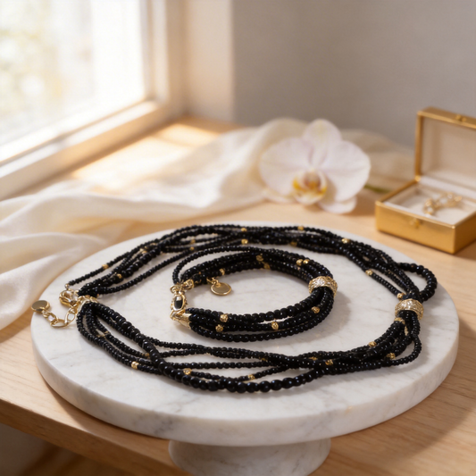 Eclipse Miyuki Set | Black Seed Bead Layered Jewelry with Gold Accents