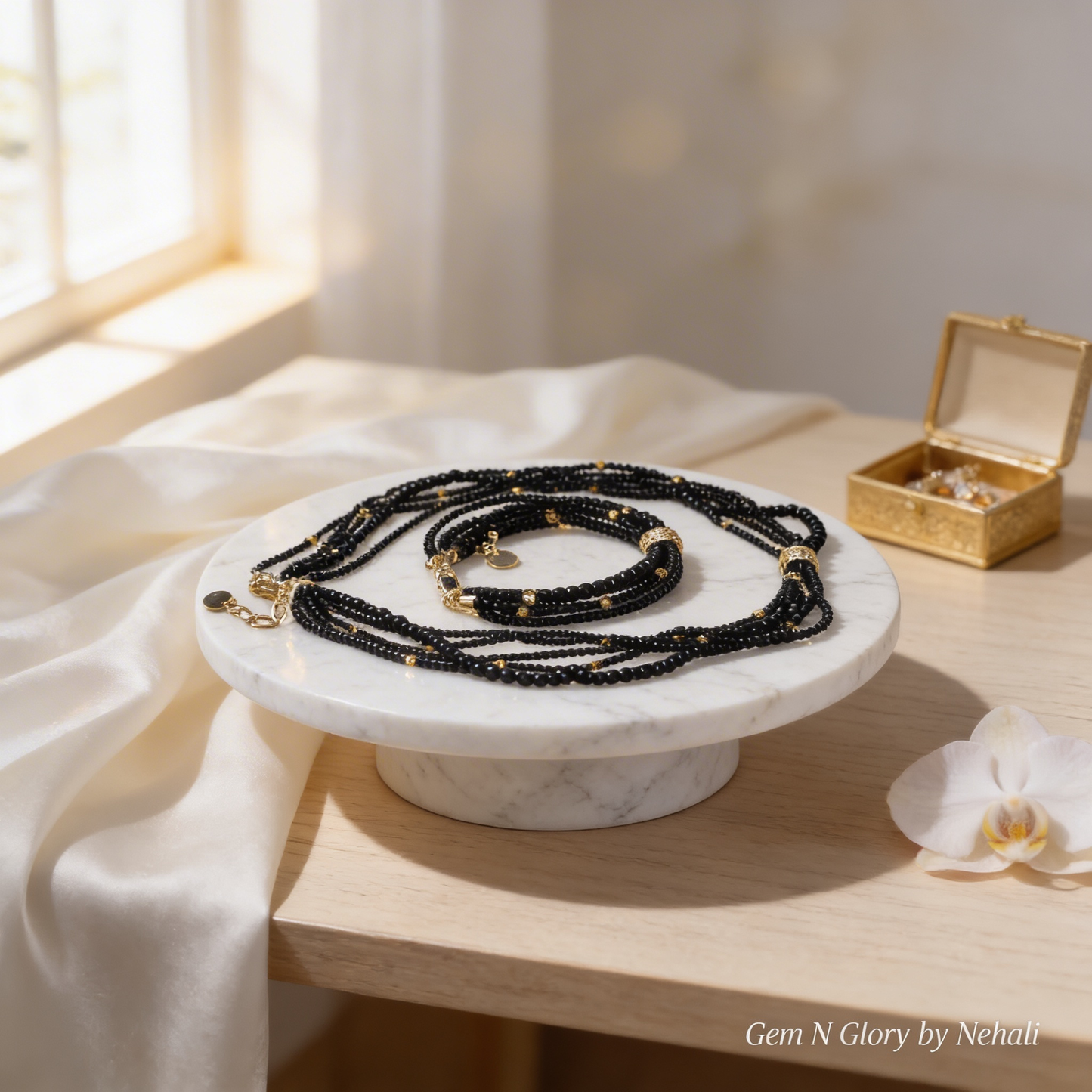 Eclipse Miyuki Set | Black Seed Bead Layered Jewelry with Gold Accents