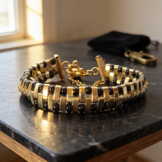 Black & Gold Miyuki Tila Bracelet – Handmade Minimalist Beaded Jewelry