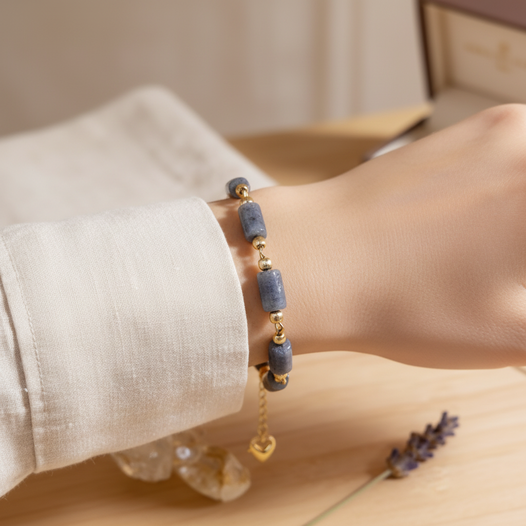 Blue tanzanite gemstone bracelet with gold chain closure, handmade jewelry